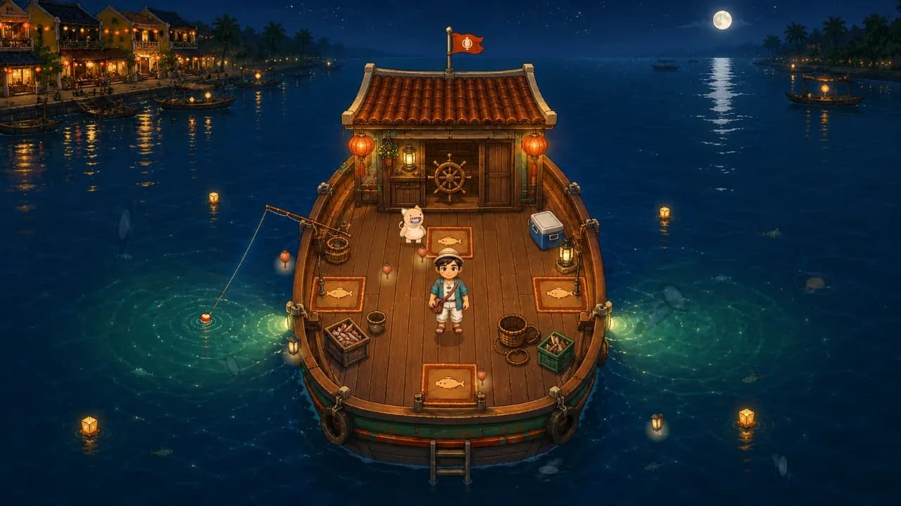 Mini-game câu cá đêm trên thuyền ở Hội An — trăng phản chiếu mặt nước, đèn lồng thả trôi