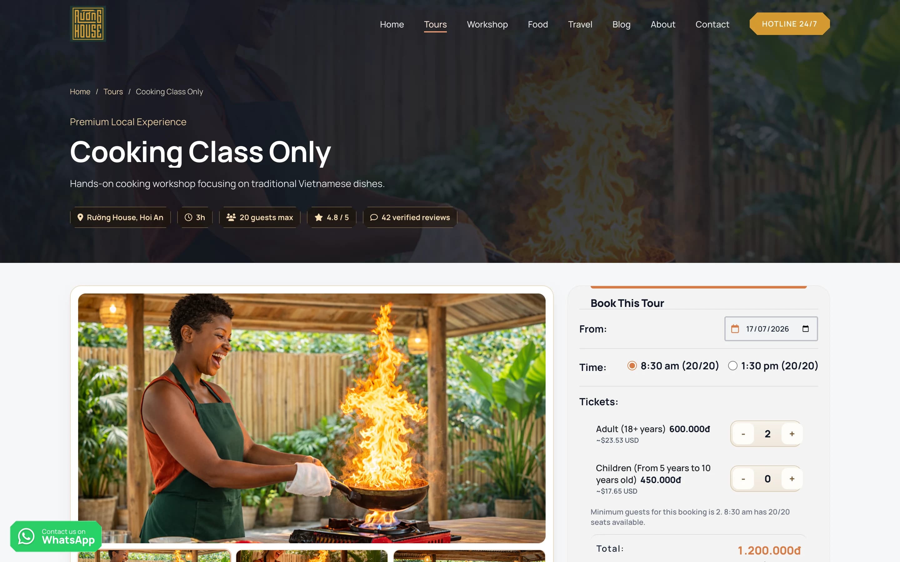 Trang chi tiết tour Cooking Class Only — ảnh lớn, thông tin tour và widget đặt chỗ