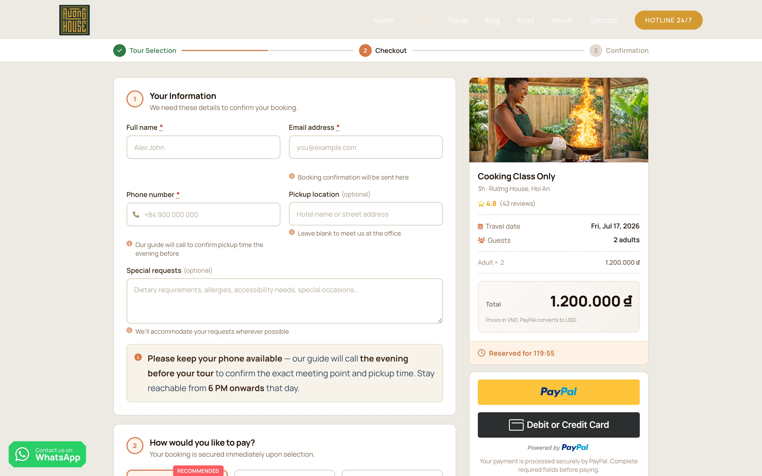 Trang checkout với thanh tiến trình 3 bước, form thông tin khách và tóm tắt đơn đặt
