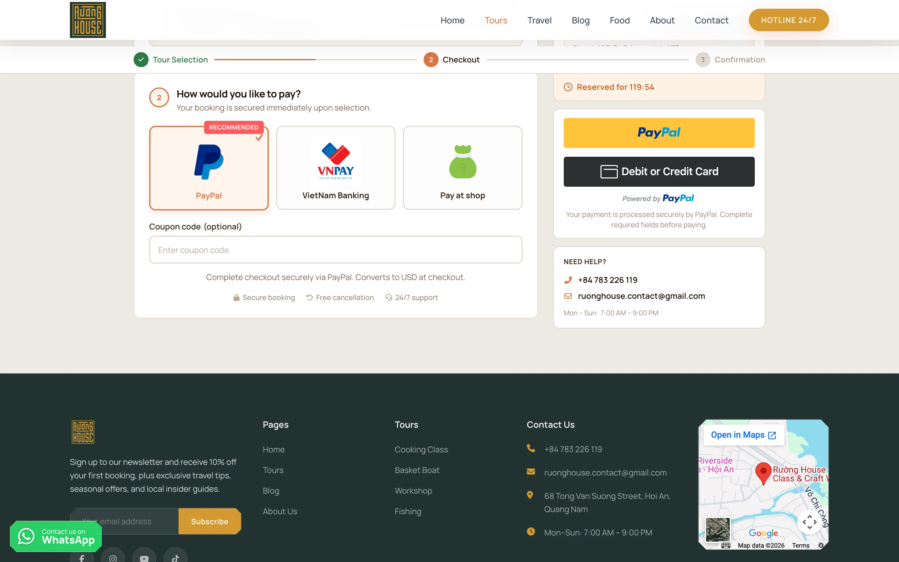 Bước thanh toán — chọn PayPal, chuyển khoản Việt Nam hoặc trả tại chỗ