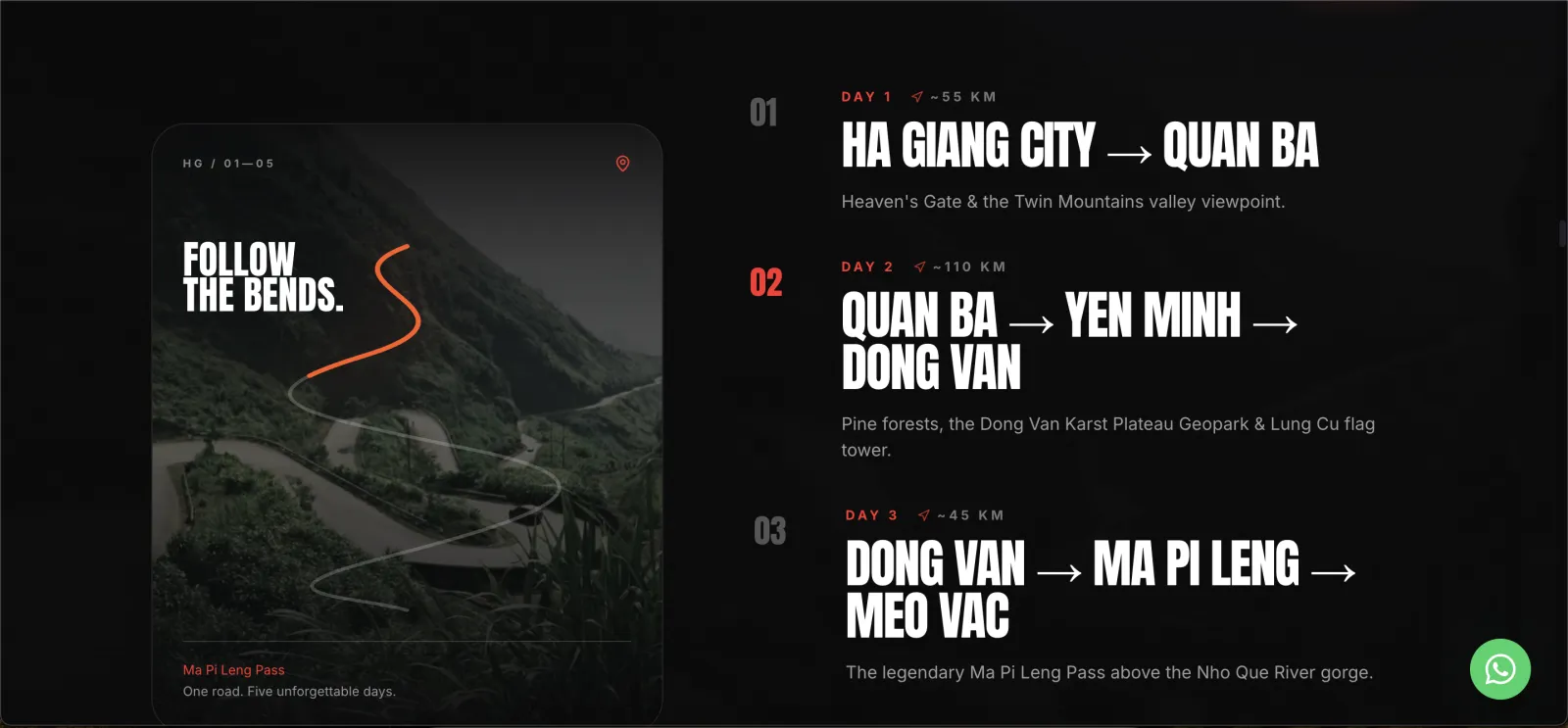 Phần lịch trình The Loop trên website Ha Gang Dirt Bike — cung Hà Giang chia theo từng ngày