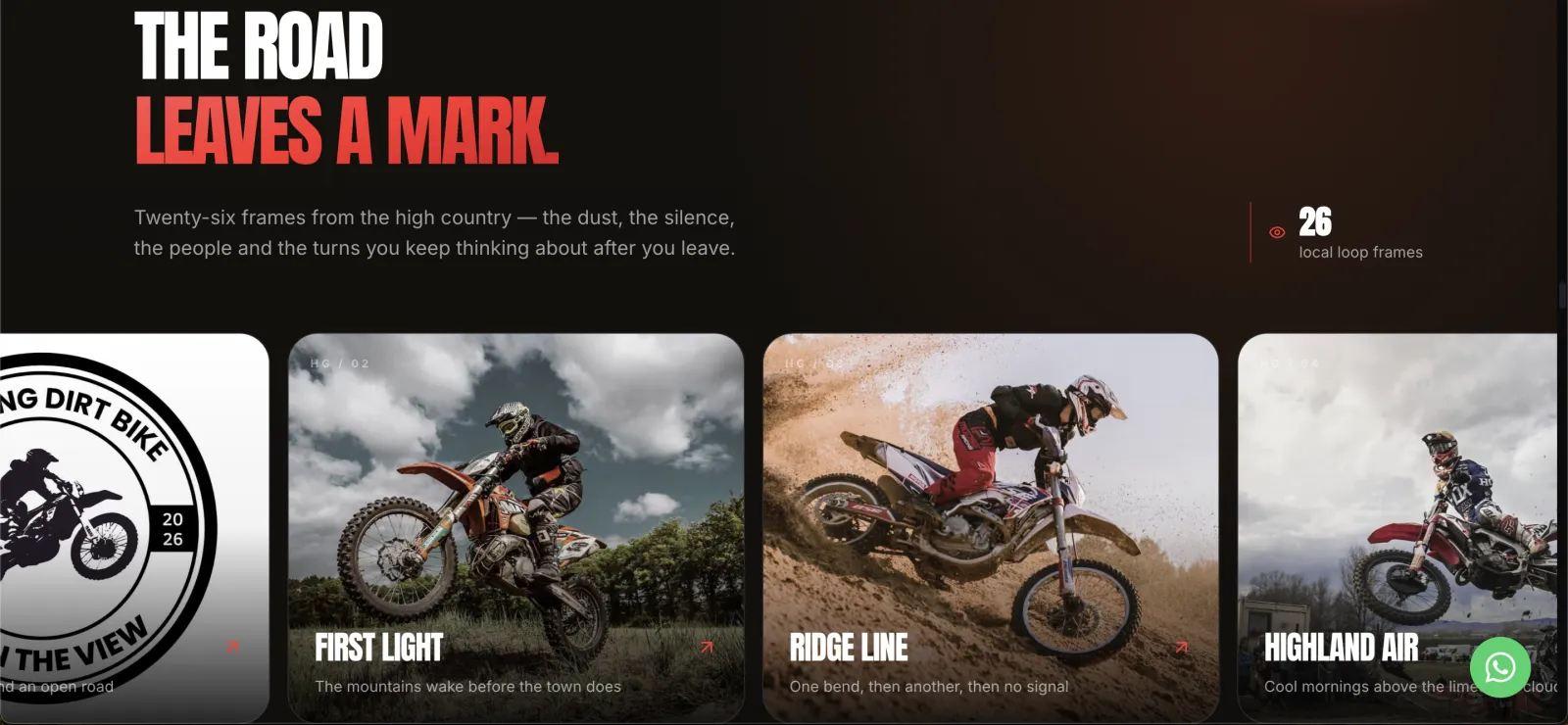 Khu thư viện ảnh 'The road leaves a mark' trên website Ha Gang Dirt Bike với các khung hình off-road