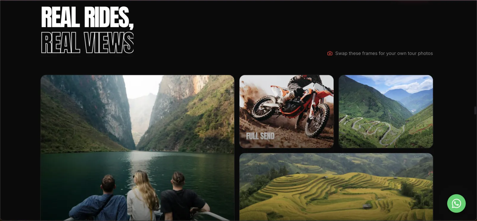 Lưới ảnh 'Real rides, real views' trên website Ha Gang Dirt Bike — website tour tiếng Anh cho khách quốc tế