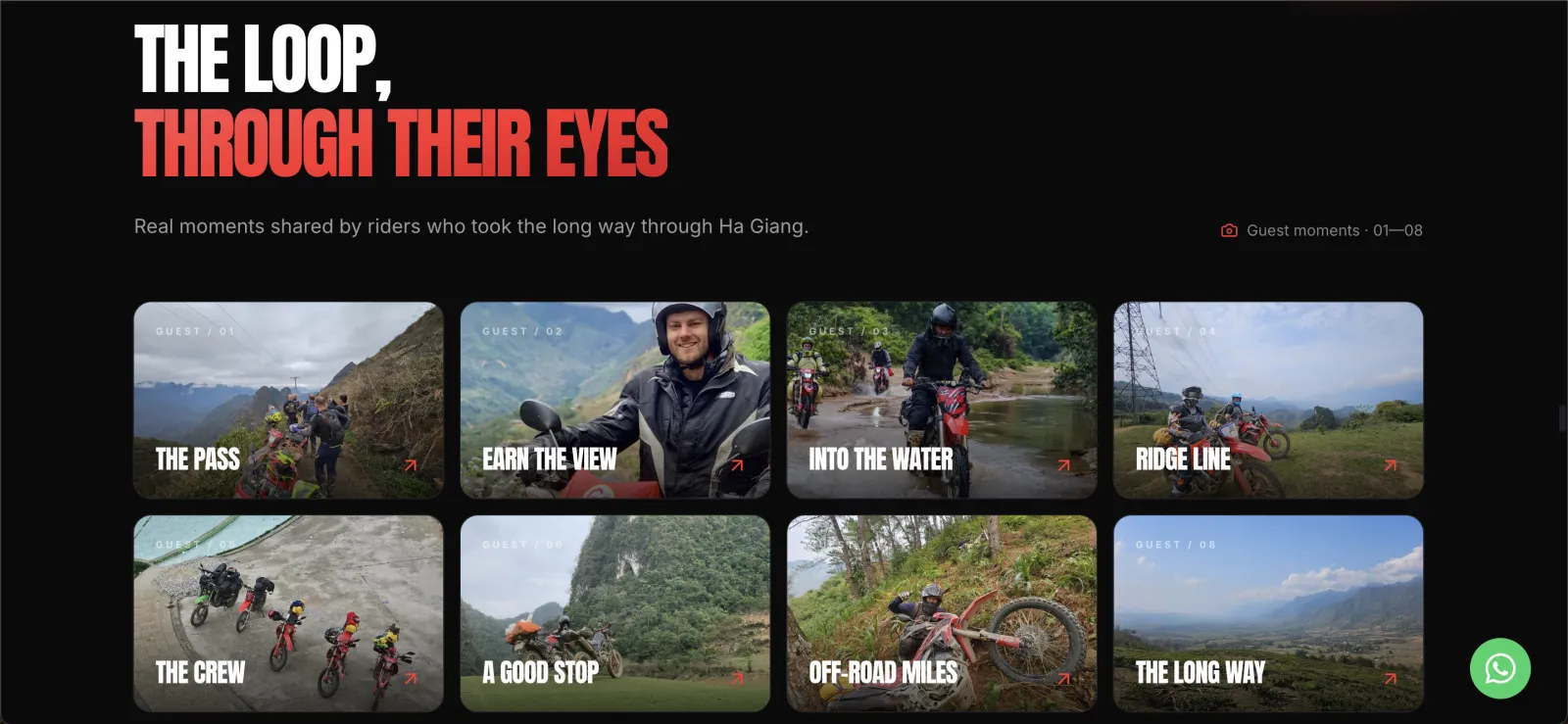 Khu 'Guest moments' trên website Ha Gang Dirt Bike với ảnh khách trên cung The Loop
