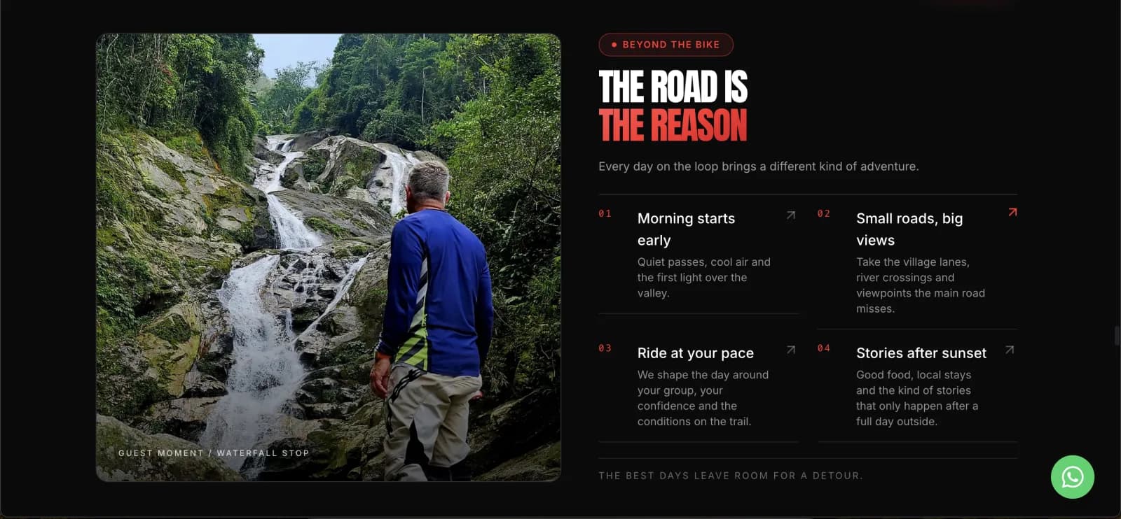 Khu 'Beyond the bike' trên website Ha Gang Dirt Bike giải thích trải nghiệm mỗi ngày trên cung đường