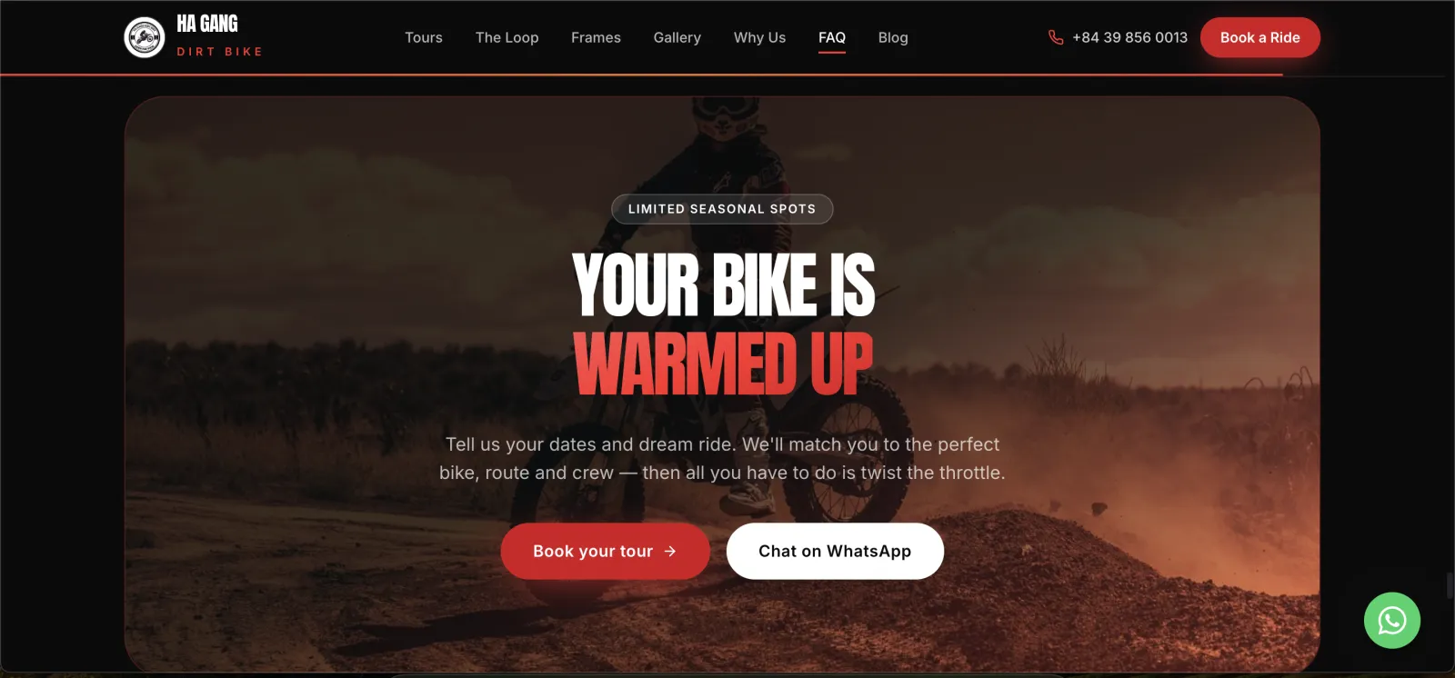 Khối kêu gọi đặt tour trên website Ha Gang Dirt Bike với nút Book your tour và Chat on WhatsApp